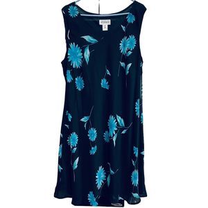 Studio I Sleeveless Black Blue Floral Ruffle Bottom Shift Dress SZ 24W